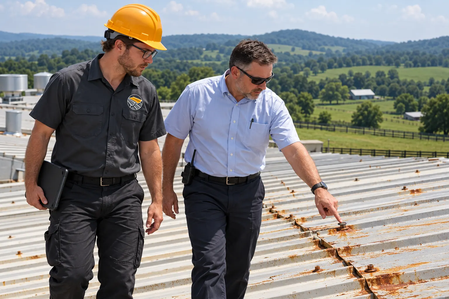 Roofer in a logo uniform walking a metal roof with a building manager