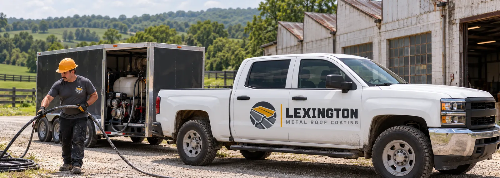 Service truck with the Lexington Metal Roof Coating logo parked beside a metal commercial building