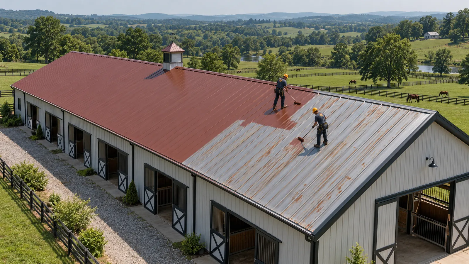 Aerial view of a large metal roof on a commercial building near Lexington