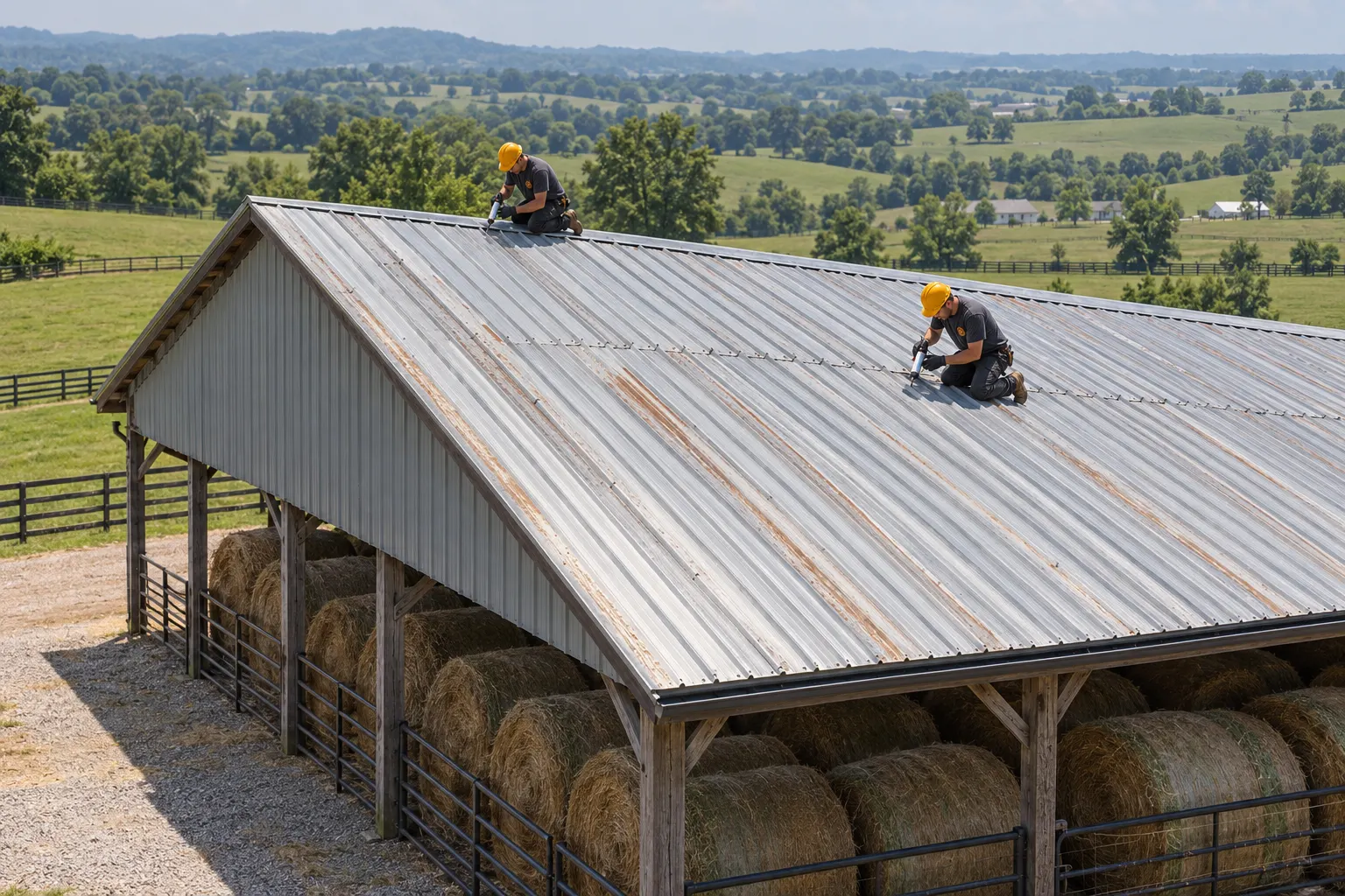 Roofer sealing metal roof seams and end laps with reinforcing fabric
