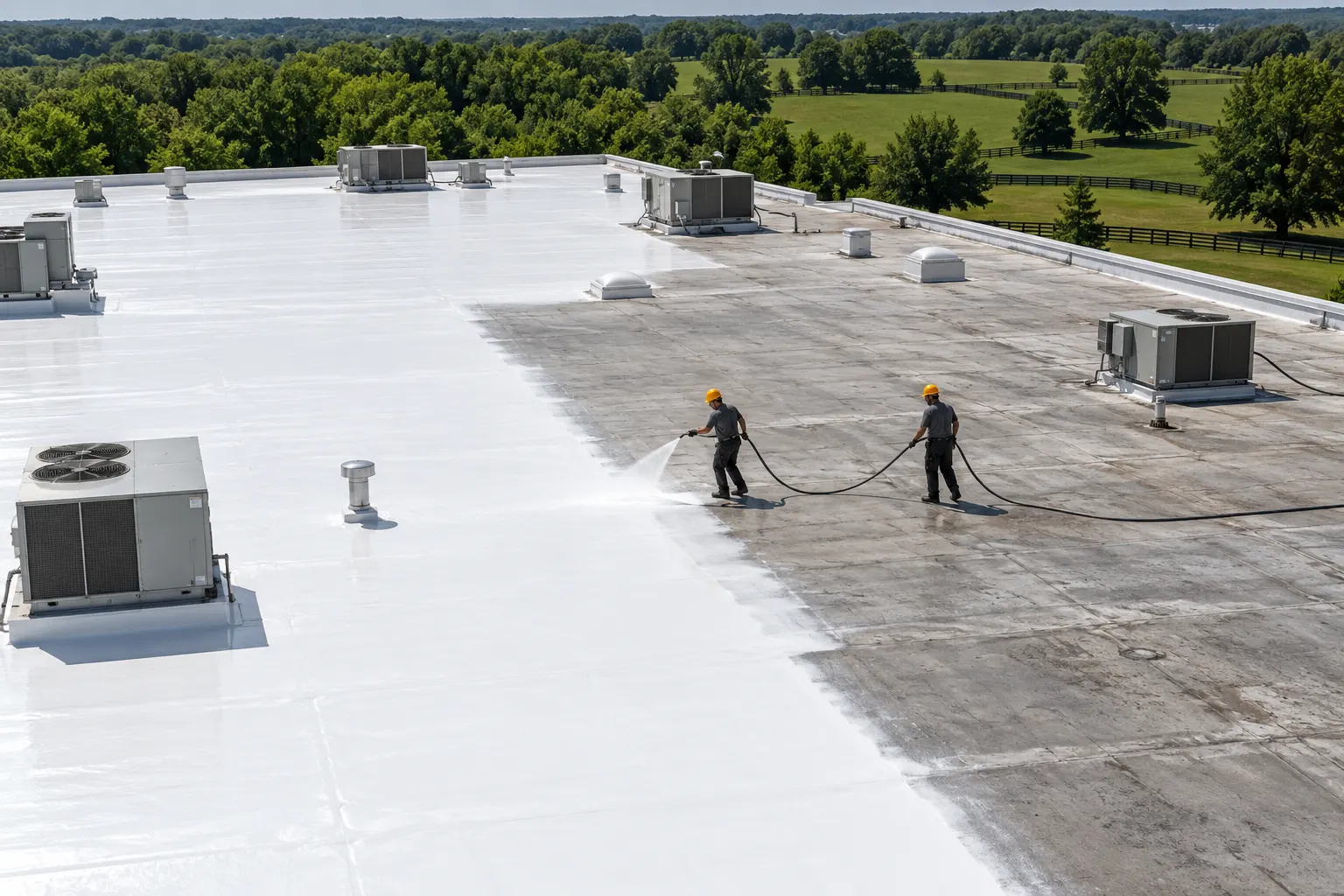 Aerial view of a low-slope roof section being coated with silicone