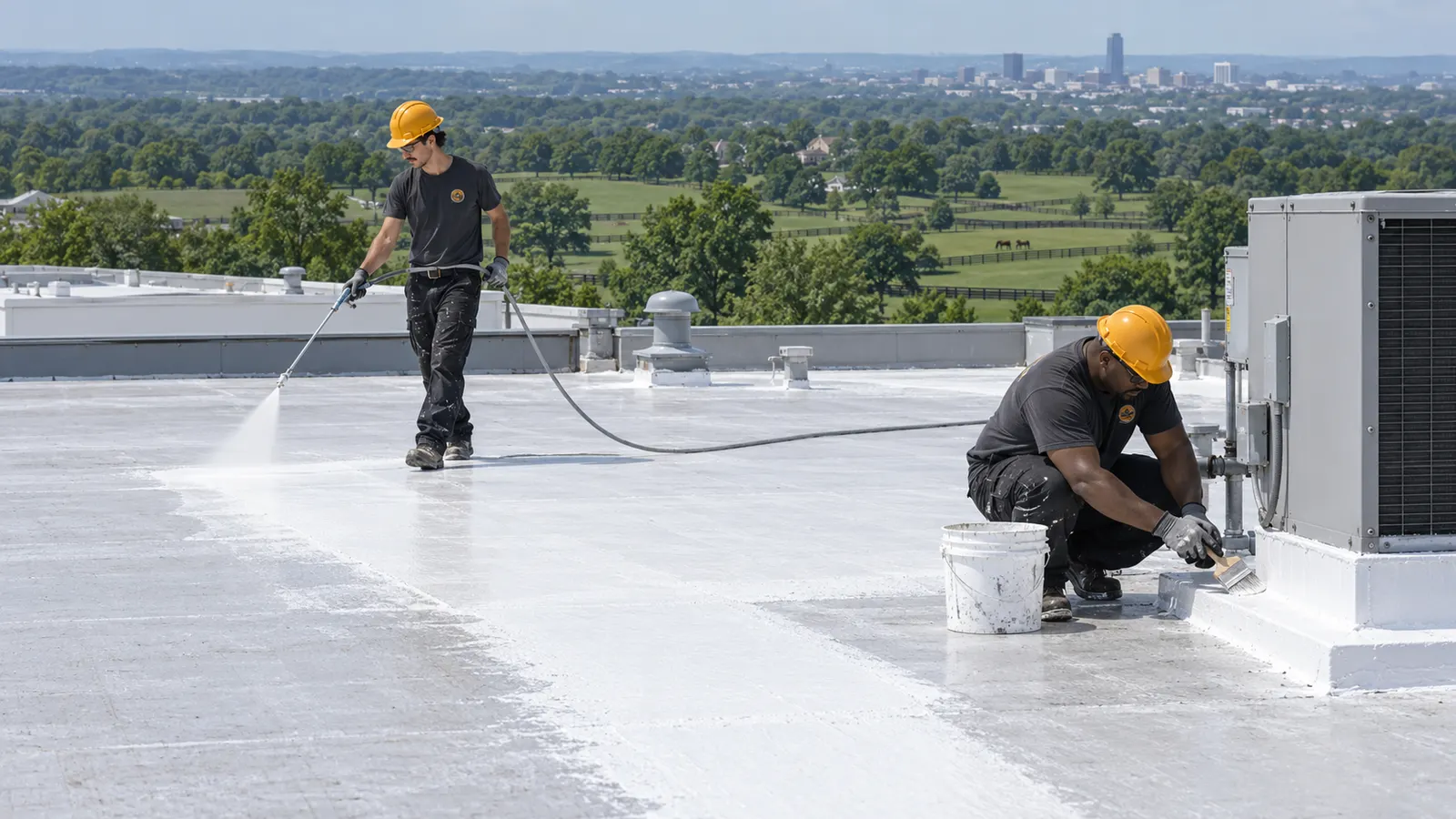 Crew in logo uniforms rolling silicone coating on a low-slope commercial roof