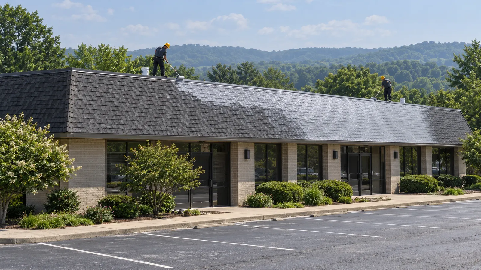 Crew coating an asphalt shingle roof on a commercial building