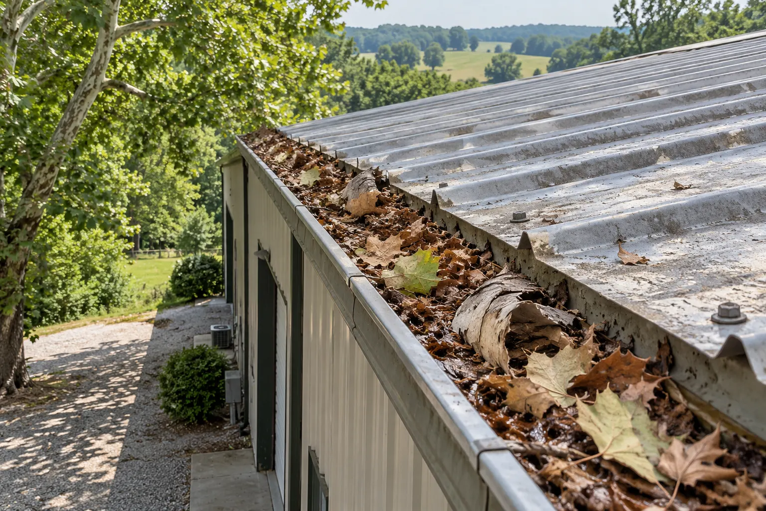 Debris and standing water in a gutter along the eave of a metal roof