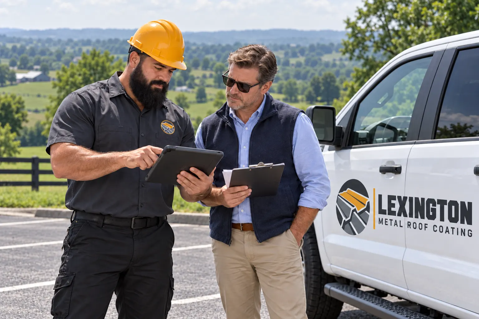 Roofer reviewing roof findings with a property manager on site